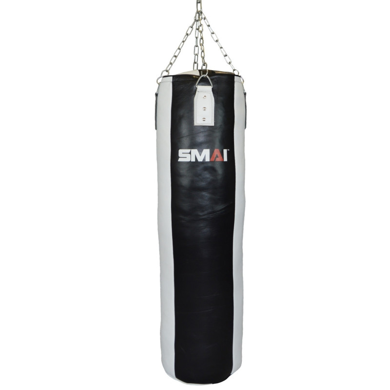 SMAI Echtleder-Boxsack schwarz - weiß gefüllt 160 x 35 cm