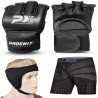 PX MMA Handschuhe  PX MMA Shorts schwarz-grau, Stretch  Ohrenschoner Universalgröße, schwarz